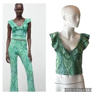 Zara Firfirle Jakarli Boho Green Paisley Ruffled Crop Top Size Small